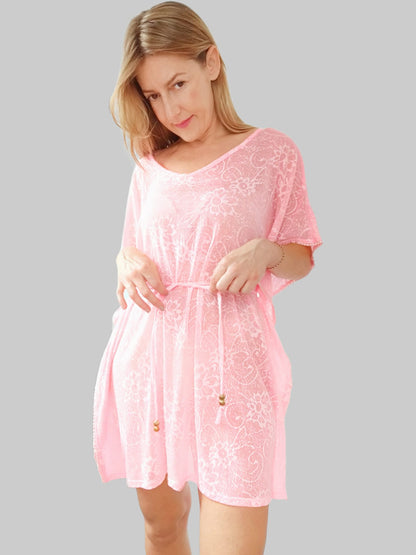 Kaftan de playa corto de encaje y algodón